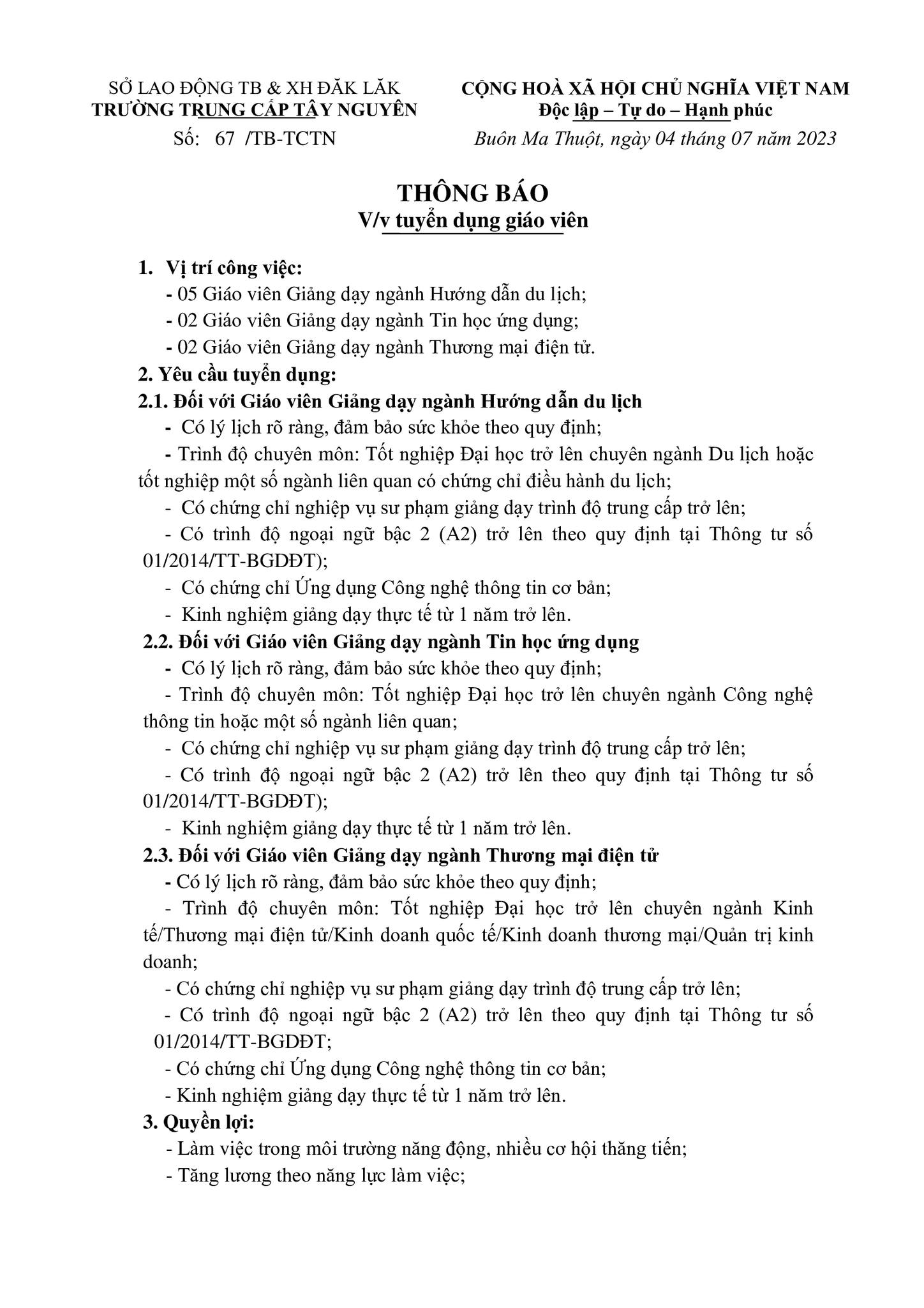 Thông báo tuyển dụng giáo viên